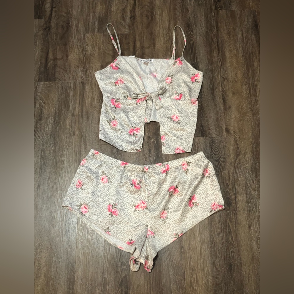 NWT - Floral Print Satin Pajama Set - Pink/Beige